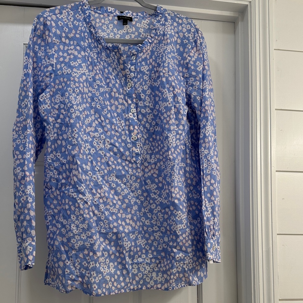 Talbots Blue and White Floral Button-Front Blouse